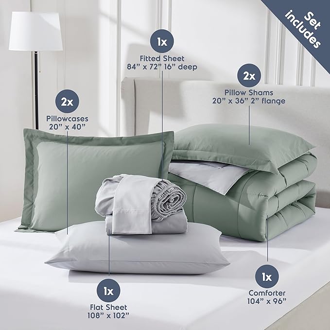 Nestl 7 Piece California King Comforter Set – Sage Green Reversible Bed in a Bag – Complete Cal King Size Bedding Set with Sheets, Pillowcases and Shams