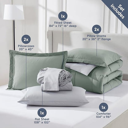 Nestl 7 Piece California King Comforter Set – Sage Green Reversible Bed in a Bag – Complete Cal King Size Bedding Set with Sheets, Pillowcases and Shams