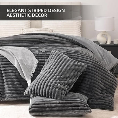 Smoofy Fluffy King Size Comforter Set 3 Pieces - Dark Grey Fleece Fluffy Comforter Set, Luxury Fuzzy King Bedding Set, Soft King Bed Set All Season, Heavy Faux Fur Comforter with 2 Pillow Cases