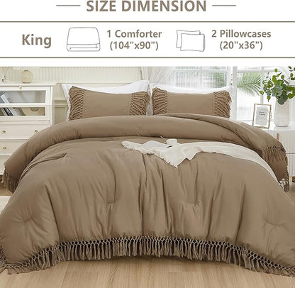 Andency Taupe Comforter Set King, 3 Pieces Boho Tassel Lightweight Soft Bedding Comforter Sets for King Bed, All Season Fluffy Fringe Bed Set (104x90In Comforter & 2 Pillowcases)