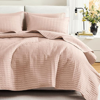 Comfort Spaces Kienna Quilt Set- Double Sided Stitching Design Summer Blanket, Lightweight, Soft, All Season Bedding Layer, Matching Sham, Blush, Coverlet King (104"x90") 3 Piece
