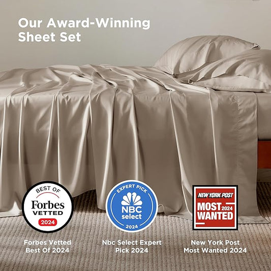 Bedsure California King Sheet Sets, Cooling Sheets, Rayon Derived from Bamboo, Deep Pocket Up to 16", PureWoven, Breathable & Soft, Hotel Luxury Silky Bedding for Hot Sleepers, Simply Taupe