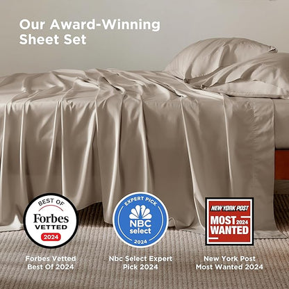 Bedsure Queen Sheet Set, Rayon Derived from Bamboo, Cooling Sheets, PureWoven, Breathable & Soft, Deep Pocket Up to 16 Inches, Hotel Luxury Silky Bedding for Hot Sleepers, Simply Taupe