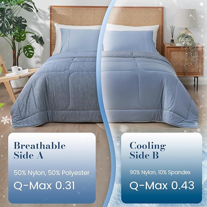 Amélie Home Cooling Comforter Twin Size, Dual-Sided Lightweight Cooling Blanket for Hot Sleepers, Q-Max 0.43 Breathable Cooling Quilt for Night Sweats, 68" x 90", Heather Denim Blue