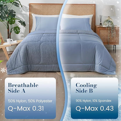 Amélie Home Cooling Comforter Queen Size, Dual-Sided Lightweight Cooling Blanket for Hot Sleepers, Q-Max 0.43 Breathable Cooling Quilt for Night Sweats, 90" x 90", Heather Denim Blue