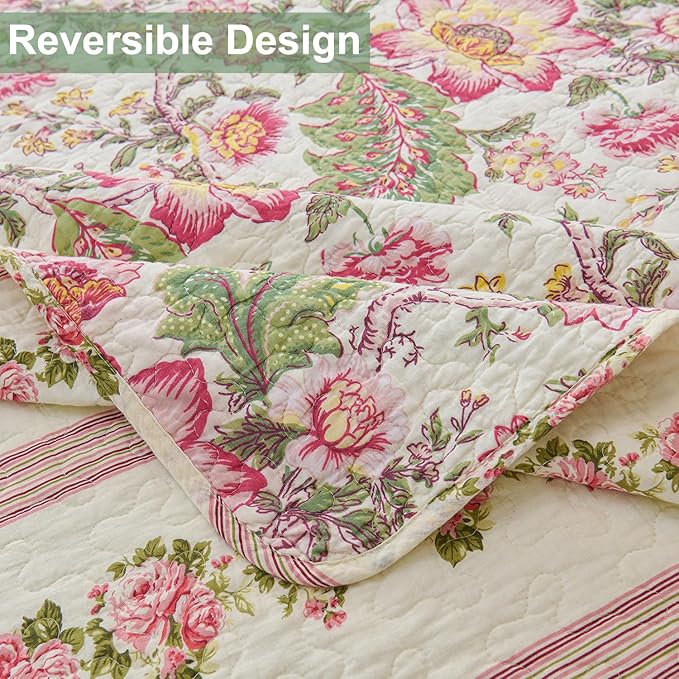 Cmfshape Floral Quilt Sets Bedspread Set 100% Cotton Bedding Set, All Season Use Lightweight Reversible Coverlet Quilts with 2 Pillow Shams(King 106"x96")