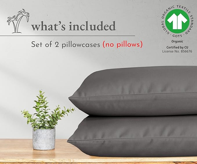 California Design Den 100% Organic Cotton Pillow Cases Queen/Standard Set of 2, Soft & Crisp Percale Weave Cotton Pillowcases (Grey)