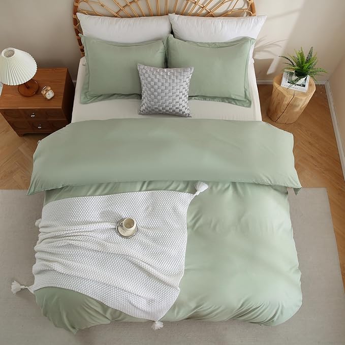 JSD Sage Green Duvet Cover Set Queen Size, 3 Piece Duvet Cover with Pillow Shams, Soft Brushed Microfiber Zipper Closure, Comforter Not Included