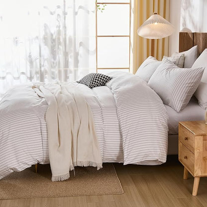Merryword 100% Cotton Duvet Cover Set Queen Size, Black Pinstripe Duvet Cover Set with Zipper Closure & 8 Corner Ties, Soft Lightweight Comforter Cover, Luxury Linen Like Bedding for All Seasons
