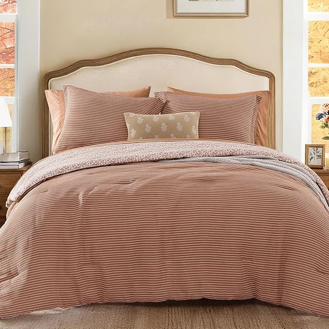 Full Comforter Set - 7 Pieces Autumn Leaf Gauze Muslin Bedding Sets for All Seasons, Lightweight Breathable Bed in a Bag Full with Revesible Farmhouse Comforter, Sheets, Pillowcases & Shams