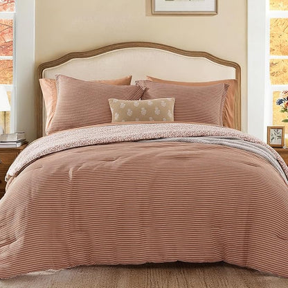 Full Comforter Set - 7 Pieces Autumn Leaf Gauze Muslin Bedding Sets for All Seasons, Lightweight Breathable Bed in a Bag Full with Revesible Farmhouse Comforter, Sheets, Pillowcases & Shams