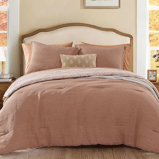 Full Comforter Set - 7 Pieces Autumn Leaf Gauze Muslin Bedding Sets for All Seasons, Lightweight Breathable Bed in a Bag Full with Revesible Farmhouse Comforter, Sheets, Pillowcases & Shams