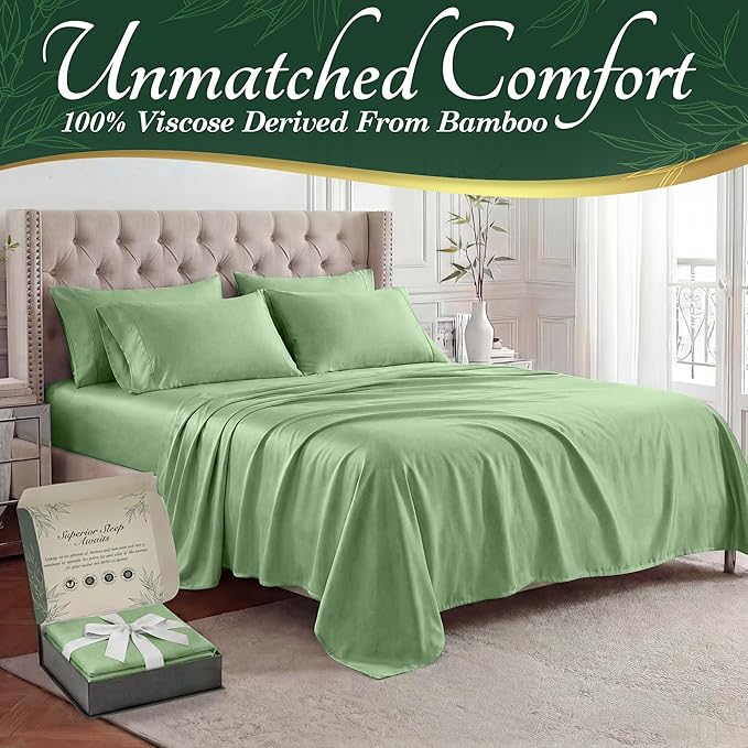 DECOLURE 100% Viscose Derived from Bamboo Sheets King Size - Luxury 6 Pc Naturally Cooling Sheets, Ultra Soft Bed Set - Deep 17" Pockets, Durable Double Stitching, Oeko Tex Standard (Sage Green)