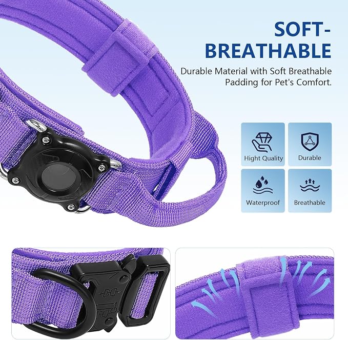 Waterproof AirTag 2nd 2026 & AirTags 1st 2021 Dog Collar - Tactical Military Collar with Secure Hard PC Holder & Comfort Handle for Medium Large Dogs,Smart ID tag (Purple, L)