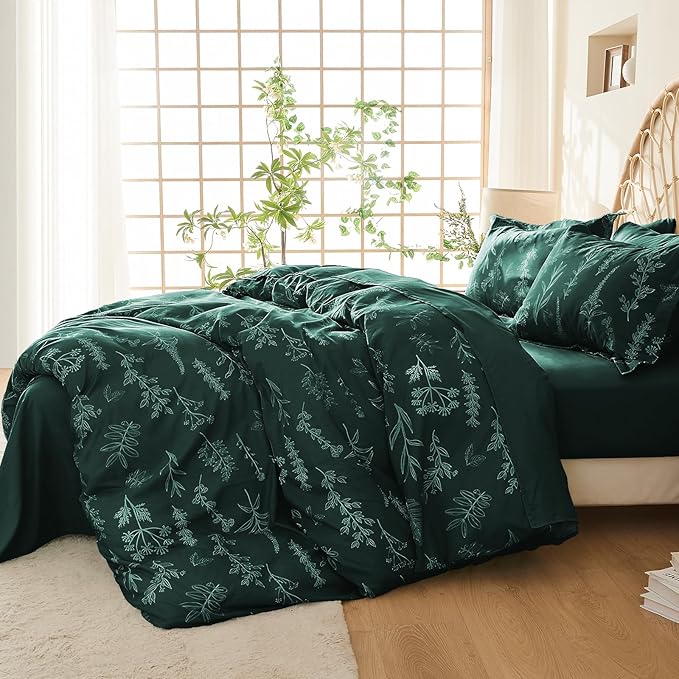 MUXHOMO Duvet Cover Queen Size, Reversible Floral Forest Green Duvet Cover Set with Zipper Closure, 3 Pieces Botanical Patterns Soft Microfiber Bedding Set with 4 Ties (90"x90", 2 Pillow Cases)