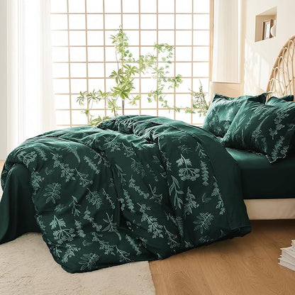 MUXHOMO Duvet Cover Queen Size, Reversible Floral Forest Green Duvet Cover Set with Zipper Closure, 3 Pieces Botanical Patterns Soft Microfiber Bedding Set with 4 Ties (90"x90", 2 Pillow Cases)