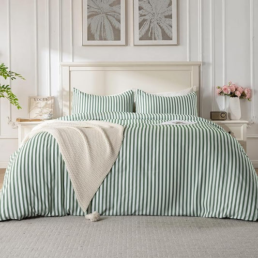 ROSE&RISY King Duvet Cover Set, 3 Pieces Soft Bedding Set, Breathable and Cooling,Includes 1 Duvet Cover, 2 Pillow Cases (Green Stripe, King)