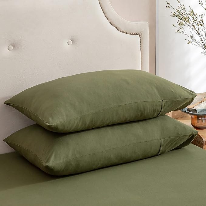 PURE ERA Jersey Knit Pillowcases 100% T-Shirt Cotton Super Soft Comfy Breathable, Set of 2, Queen 20" x 30", Solid Olive Green