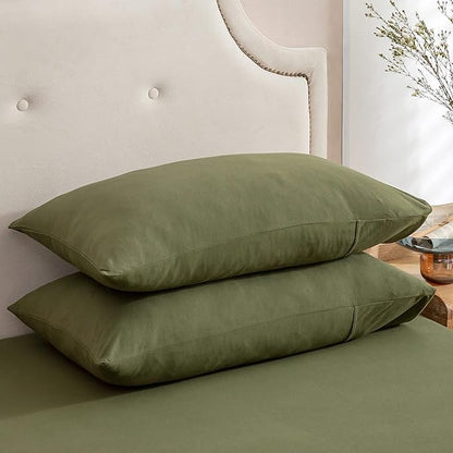 PURE ERA Jersey Knit Pillowcases 100% T-Shirt Cotton Super Soft Comfy Breathable, Set of 2, Queen 20" x 30", Solid Olive Green