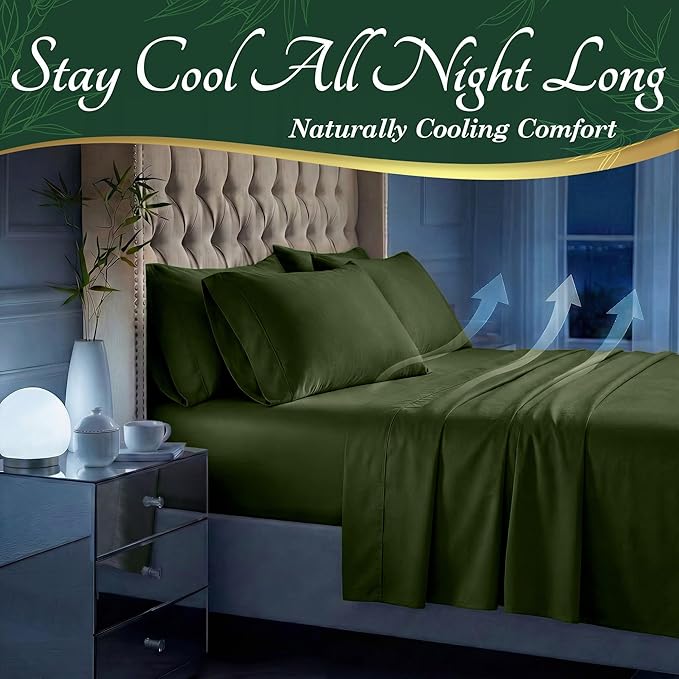 DECOLURE 100% Viscose Derived from Bamboo Sheets California King Size - Luxury 6 Pc Naturally Cooling Sheets, Ultra Soft Bed Set - Deep 17" Pockets, Double Stitching, Oeko Tex Standard (Olive)