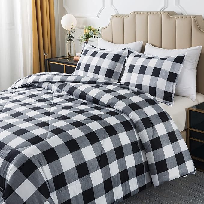 Caressma Plaid Comforter Set Twin - Black White Buffalo Checkered Comforter Bedding Set for All Seasons, Classic Gingham Pattern Soft Microfiber Comforter with Pillowsham