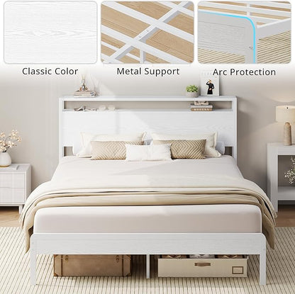 LIKIMIO Queen Bed Frame with Headboard, Wood Camas Queen with Strong Supports, Sturdy, Noise-Free, No Box Spring Needed, White