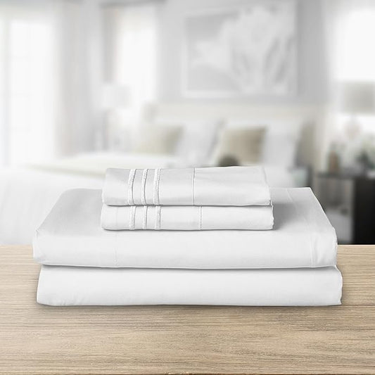 Elegant Comfort Luxurious 1500 Premium Hotel Quality Microfiber Three Line Embroidered Softest 4-Piece Bed Sheet Set, Wrinkle and Fade Resistant, Twin/Twin XL, White