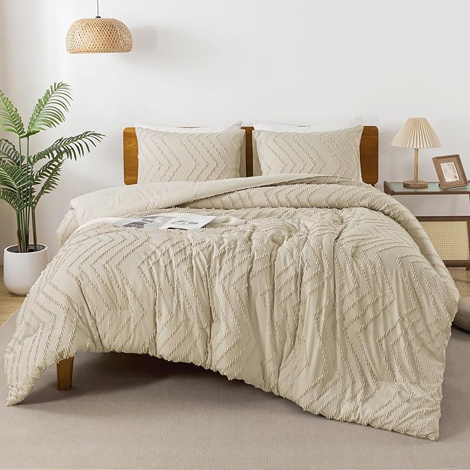 Andency Light Khaki California King Comforter Set, Boho Cal King Soft Warm Tufted Neutral Bedding Comforter Sets, 3 Pieces Cali King Aesthetic Chevron Farmhouse Cute Bohemian Textured Bedding Set