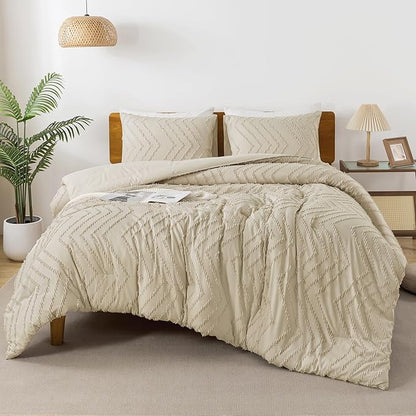 Andency Light Khaki Comforter Set King Size, Boho Soft Warm Tufted Bedding Comforter Sets for King Size Bed, 3 Pieces Aesthetic Chevron Farmhouse Cute Bohemian Textured Bedding Set