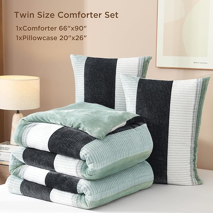 Litanika Fluffy Fleece Twin Comforter Set, Luxury Soft Plush Fuzzy Sage Green Stripe Bedding Comforter Sets, Warm Shaggy Faux Fur Bed Set All Season (1 Comforter, 1 Pillowcase)