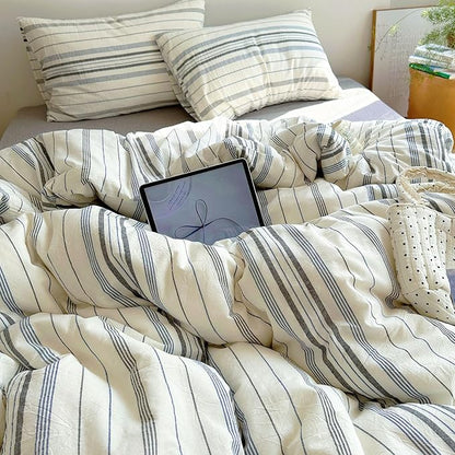 EAVD Vintage Blue Grey and White Striped Duvet Cover Twin Soft 100% Cotton Chic Stripes Bedding Set with 2 Pillowcases Retro Geometric Duvet Cover with Zipper Closure Corner Ties