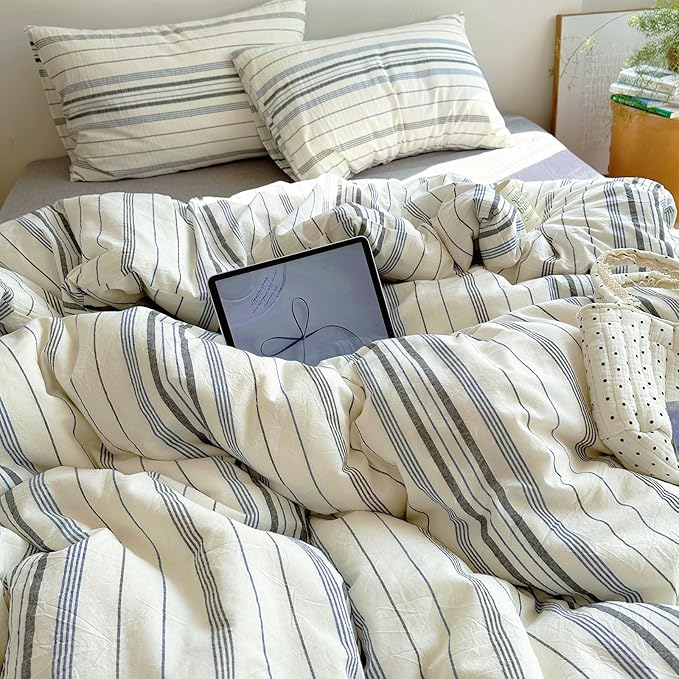 EAVD Vintage Blue Grey and White Striped Duvet Cover King Soft 100% Cotton Chic Stripes Bedding Set with 2 Pillowcases Retro Geometric Duvet Cover with Zipper Closure Corner Ties
