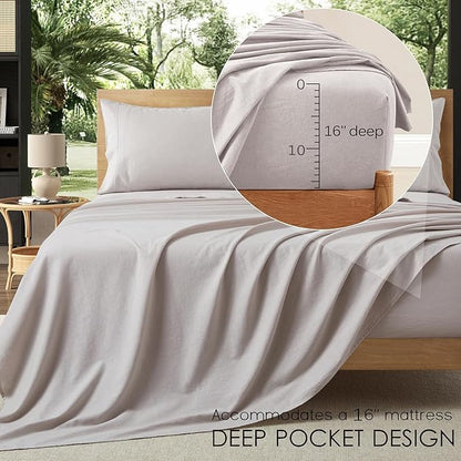 4Pcs Organic Linen Sheets King Size, 100% French Linen from Normandy, Tear-Resistant Natural Linen King Sheet Set with 16 Inch Deep Pocket, 1 Flat Sheet, 1 Fitted Sheet, 2 Pillowcases