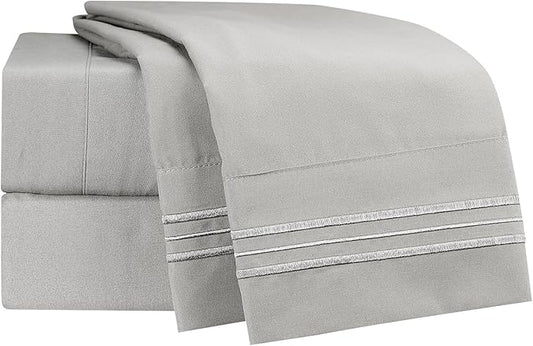 Clara Clark Bed Sheets, Premier 1800 Series 4 Piece Bed Sheet Set, Deep Pocket, Wrinkle, Fade, Stain Resistant, Luxury Soft Bedding Sheets & Pillowcases, King, Silver Gray