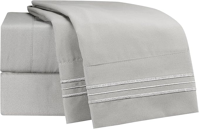 Clara Clark Bed Sheets, Premier 1800 Series 4 Piece Bed Sheet Set, Deep Pocket, Wrinkle, Fade, Stain Resistant, Luxury Soft Bedding Sheets & Pillowcases, Full, Silver Gray