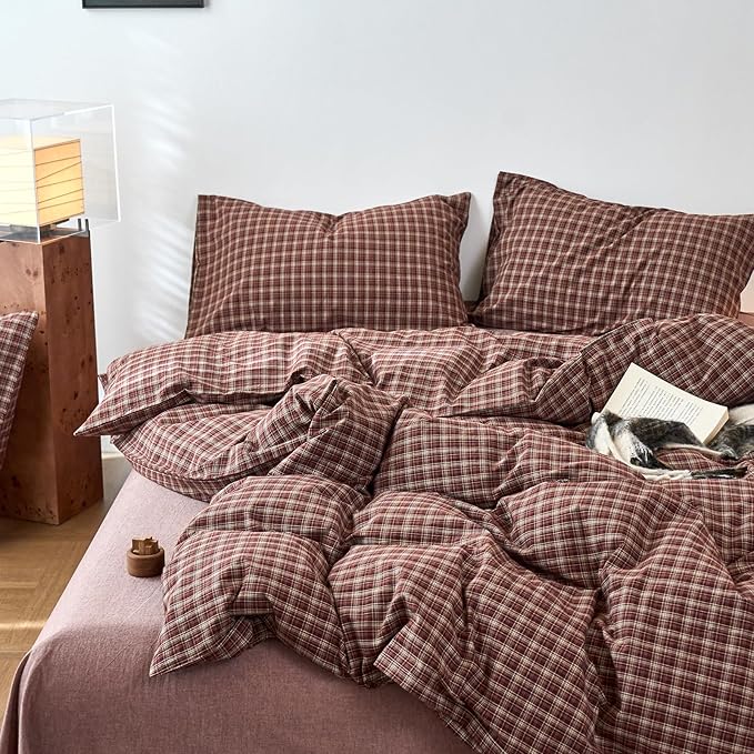 EAVD Vintage Style Burgundy Gingham Duvet Cover Twin 100% Washed Cotton Like Linen Feel Soft Checkered Grid Plaid Bedding Set with 2 Pillowcases Farmhouse Grid Geometric Duvet Cover with Zipper