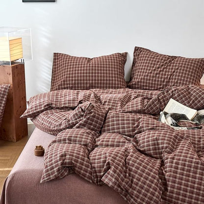 EAVD Vintage Style Burgundy Gingham Duvet Cover King 100% Washed Cotton Like Linen Feel Soft Checkered Grid Plaid Bedding Set with 2 Pillowcases Farmhouse Grid Geometric Duvet Cover with Zipper