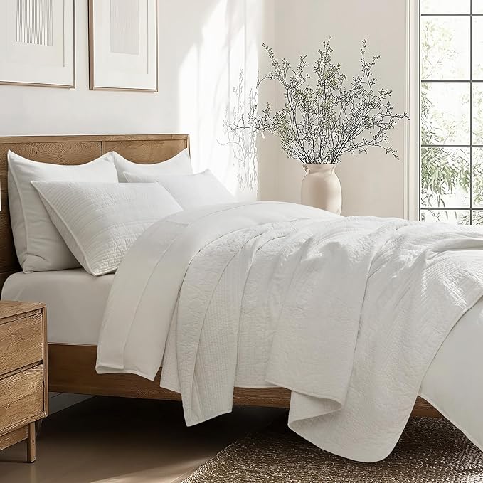 EVERGRACEHOME 100% Cotton Modern Lines Quilt Set King Size, Pre-Washed Soft Striped Coverlet Bedspread, 3 Piece Lightweight Bedding Set for All Season, with 2 Pillow Shams, Bright White