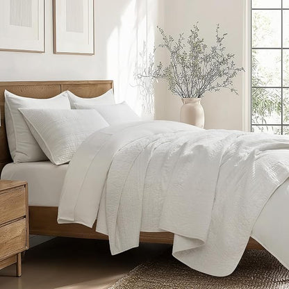 EVERGRACEHOME 100% Cotton Modern Lines Quilt Set King Size, Pre-Washed Soft Striped Coverlet Bedspread, 3 Piece Lightweight Bedding Set for All Season, with 2 Pillow Shams, Bright White