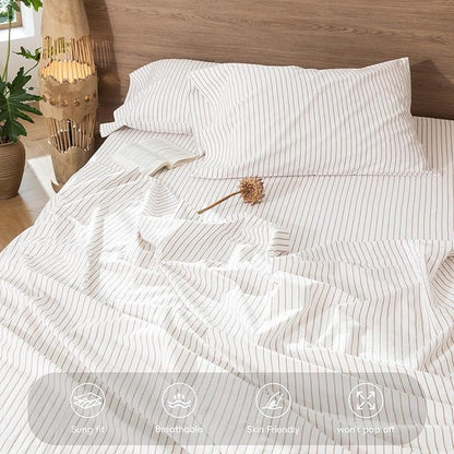 MooMee Stripes Fitted Bottom Sheet Only 100% Washed Cotton Linen Like Textured Breathable Durable Soft Comfy Deep Pocket (White Orange Wide Stripes, King)