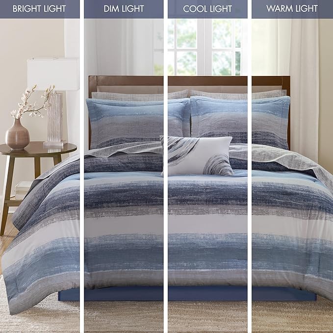 Madison Park Essentials Cal King Comforter Set, Bed in a Bag, Watercolor Print Coastal Comforter & Chambray Cotton Sheet Set, All Season Bedding, Saben, Navy Cal King (104 in x 92 in) 9Piece