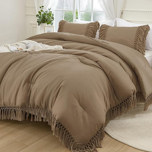 Andency Taupe Comforter Set King, 3 Pieces Boho Tassel Lightweight Soft Bedding Comforter Sets for King Bed, All Season Fluffy Fringe Bed Set (104x90In Comforter & 2 Pillowcases)