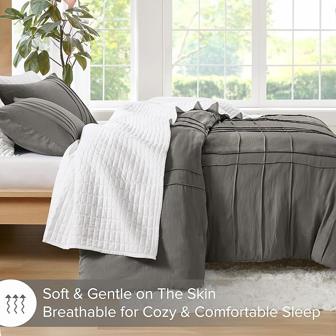 Comfort Spaces Grey King Size Comforter Set - 3 Pieces Pintuck Pleated Bedding Sets, All Season Lightweight, Extra Softness Pre-Washed Microfiber Bed Set, Shams