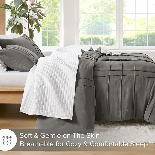 Comfort Spaces Grey Queen Size Comforter Set - 3 Piece Pintuck Pleated Bedding Set, All Season Lightweight, Extra Softness Pre-Washed Microfiber Bed Set, Shams
