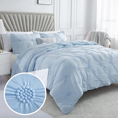 Swift Home Full/Queen Baby Blue Comforter Set - Ruched 3D Floral Pintuck Bedding Set - 2 Pieces Bed Linen, 1 Comforter and 1 Pillow Sham