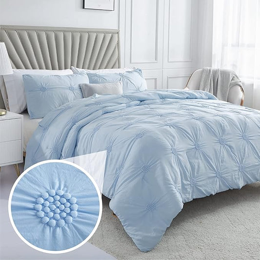 Swift Home Full/Queen Baby Blue Comforter Set - Ruched 3D Floral Pintuck Bedding Set - 2 Pieces Bed Linen, 1 Comforter and 1 Pillow Sham