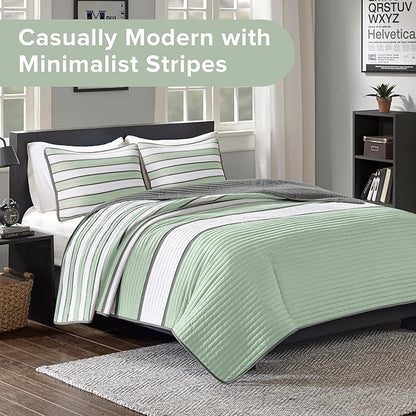 Comfort Spaces Queen Quilt Set Trendy Casual Fun, Vibrant Color Stripes Design, All Season Lightweight Coverlet Bedspread Queen Size Bedding & Shams, Verone, Full/Queen, Sage Green, 3 Piece