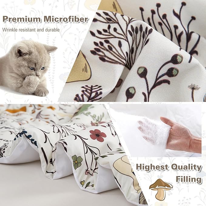 Mushroom Comforter Set 3 Piece, Colorful Mushrooms Decor California King Bedding with Plants and Flowers, Aesthetic Cute Mushroom Room Decor Comforter for Kids Adults Boys Girls, California King