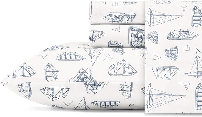 Nautica - Full Size Sheet Sets, Cotton Percale Bedding, Crisp & Cool, Coastal Home Decor (Whitewood Sail Blue, Full)