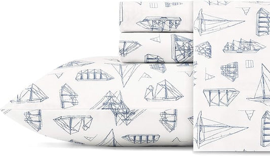 Nautica - Full Size Sheet Sets, Cotton Percale Bedding, Crisp & Cool, Coastal Home Decor (Whitewood Sail Blue, Full)